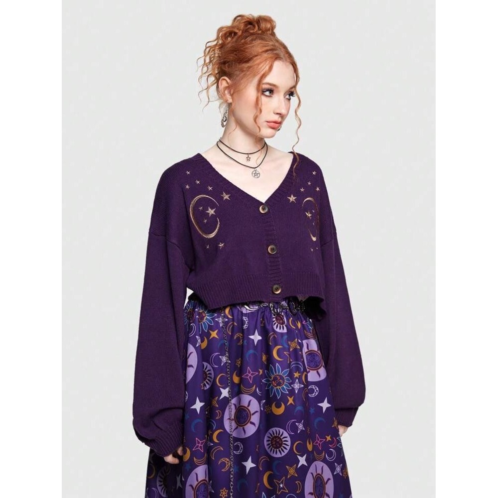 Romwe Hippie Moon & Star Pattern Drop Shoulder Cardigan Embroidered Cropped 2XL